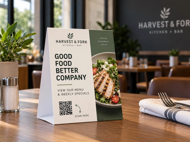 Custom printed table tent displayed on a restaurant table