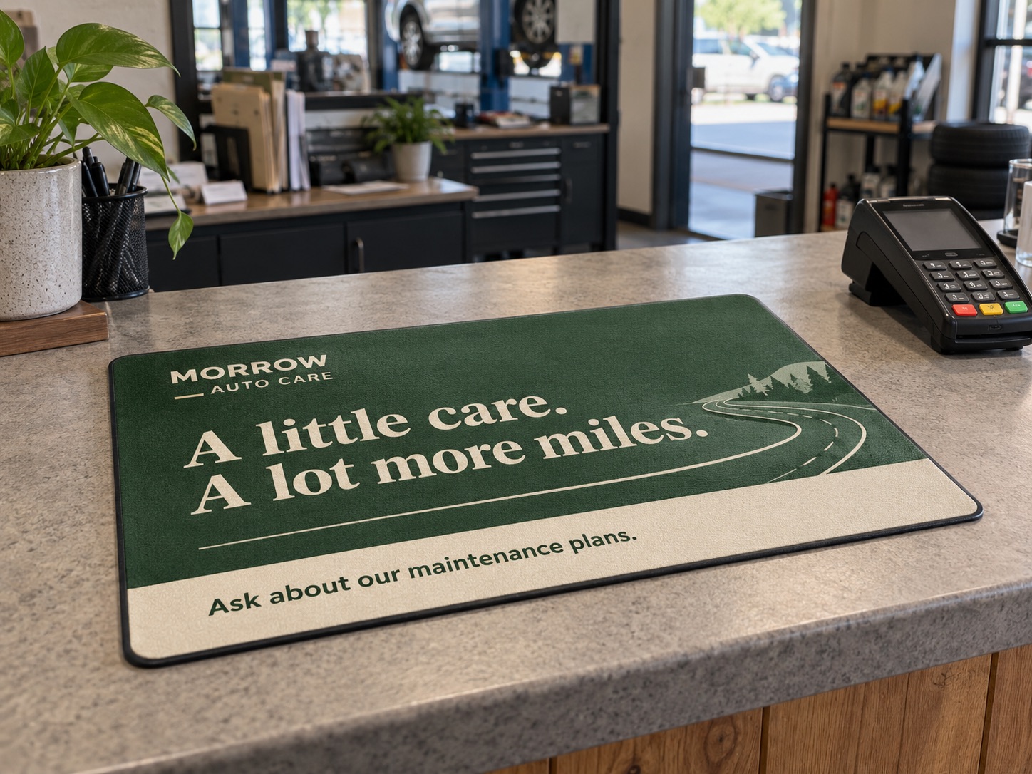 Custom printed counter mat on an automotive service reception counter