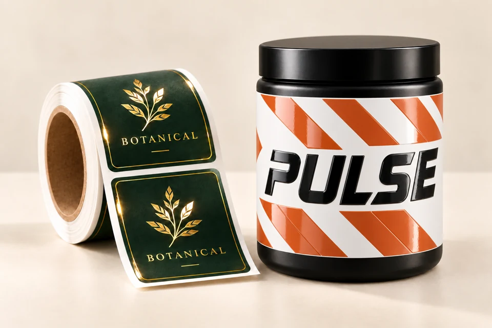 Botanical green labels with gold foil beside a Pulse white BOPP label with matte lamination and raised gloss UV on black lettering and orange accents