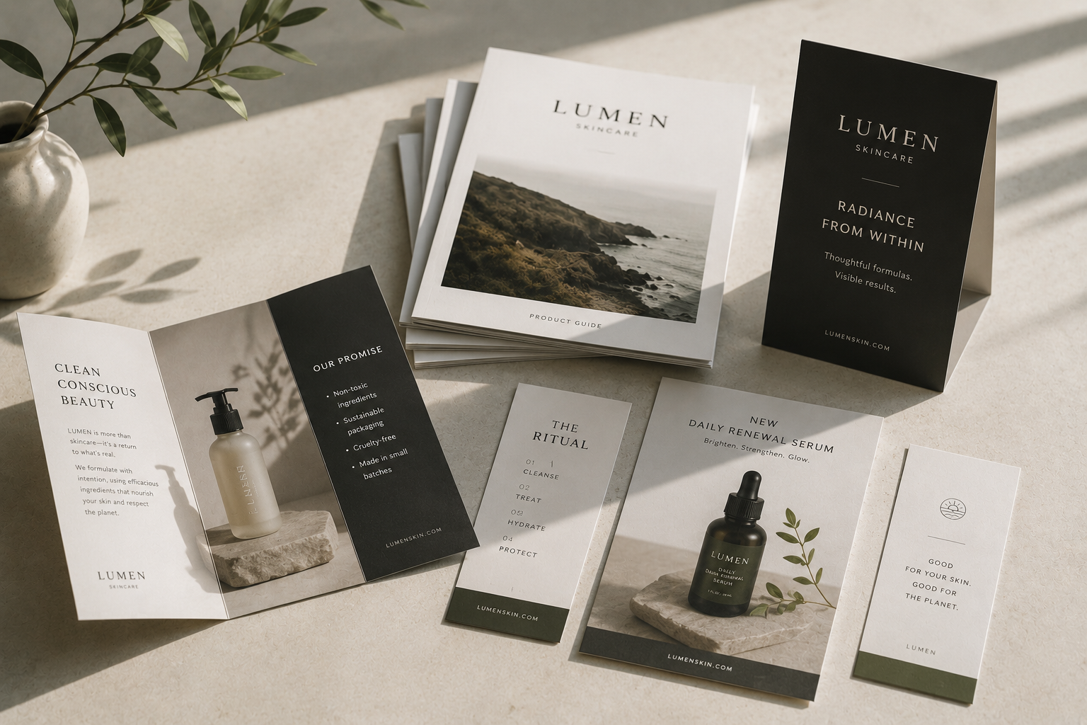 Printed brochures, flyers, product guides, and table tents