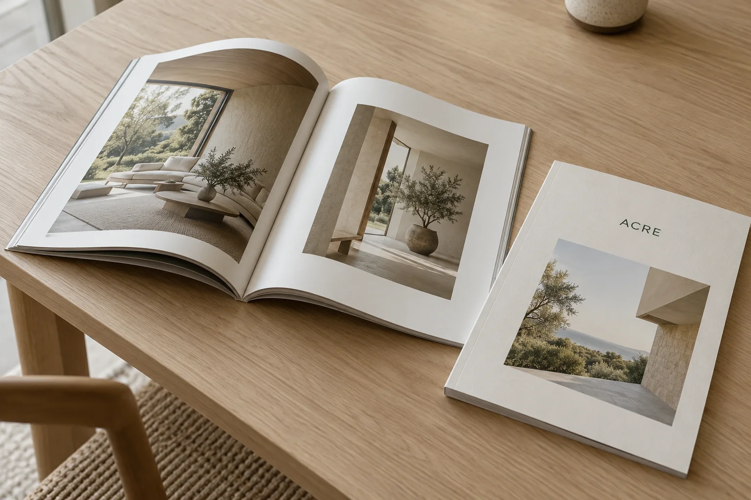 Acre catalogs on an oak table in a sunlit design studio