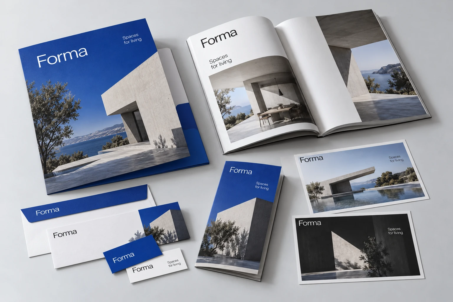 Coordinated Forma printed materials including a catalog, brochure, folder and stationery
