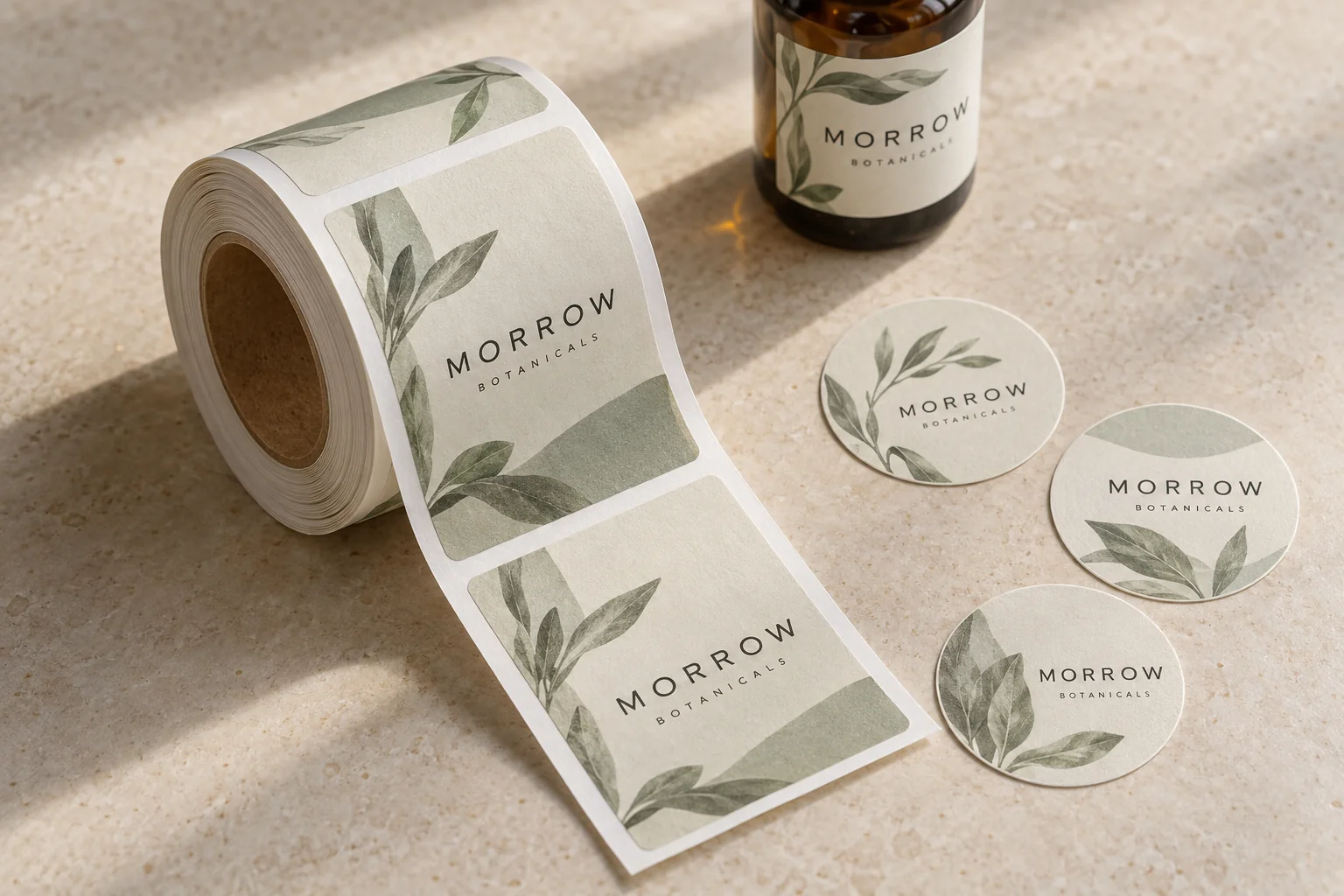 Morrow roll labels and circular stickers on a warm stone worktop