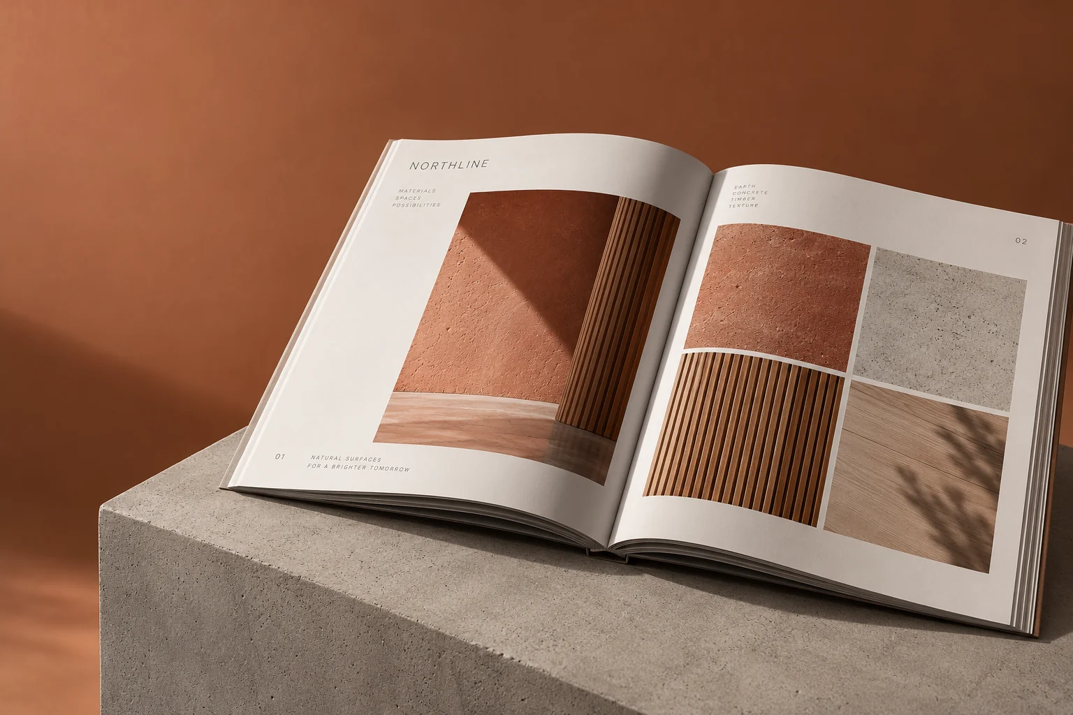 Illustrative mockup: an open building materials catalog on a concrete plinth against clay color