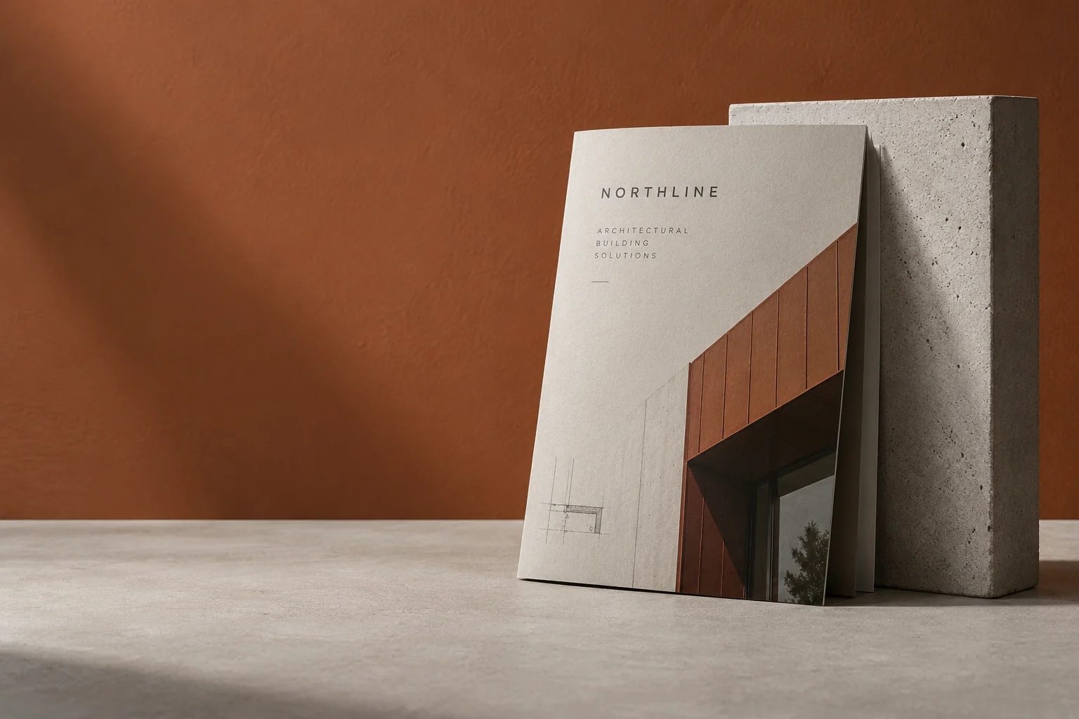 Illustrative mockup: one architectural product brochure leaning against a concrete slab