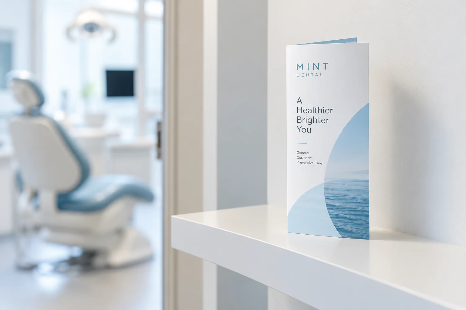 Illustrative mockup: one dental patient brochure on a white shelf in a bright practice