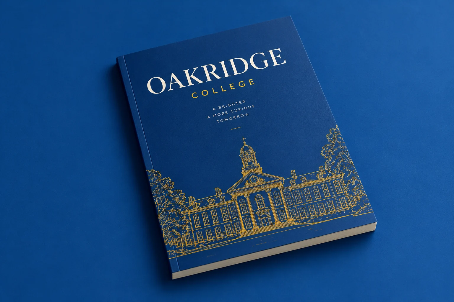 Illustrative mockup: a cobalt and yellow school prospectus photographed as a single book