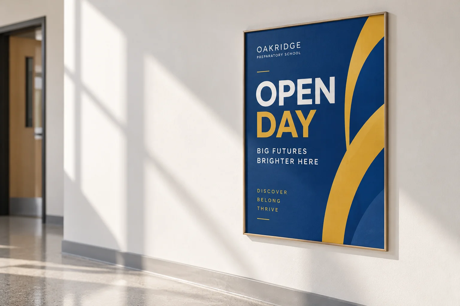 Illustrative mockup: a cobalt and yellow school open-day poster on a quiet corridor wall