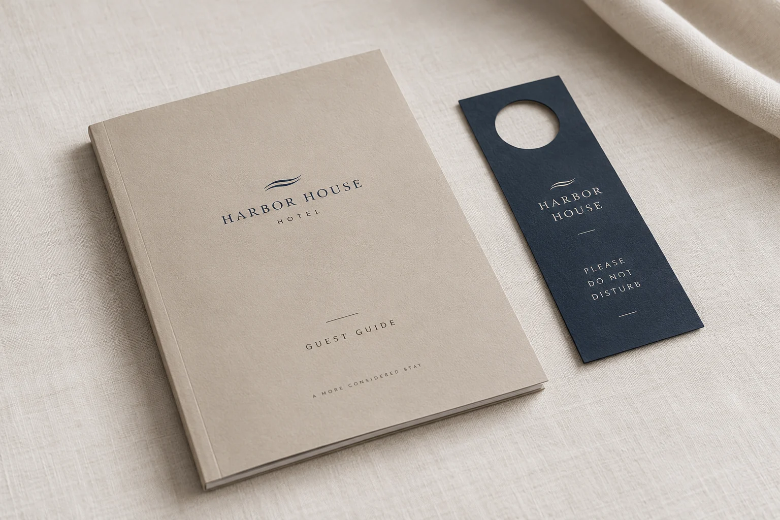 Illustrative mockup: a sand-colored guest guide and navy door hanger on pale linen