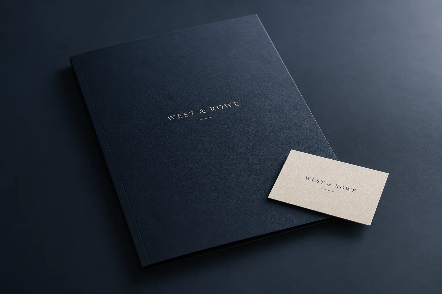 Illustrative mockup: a navy law firm presentation folder and one ivory business card on slate blue