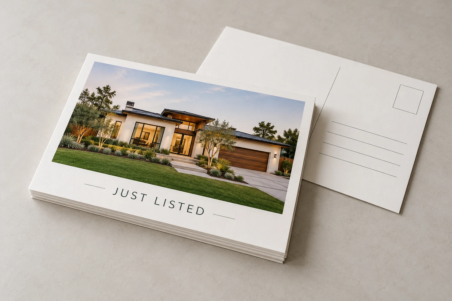 Illustrative mockup: Just Listed real estate postcards with a home photograph and visible cardstock edges on a clean tabletop