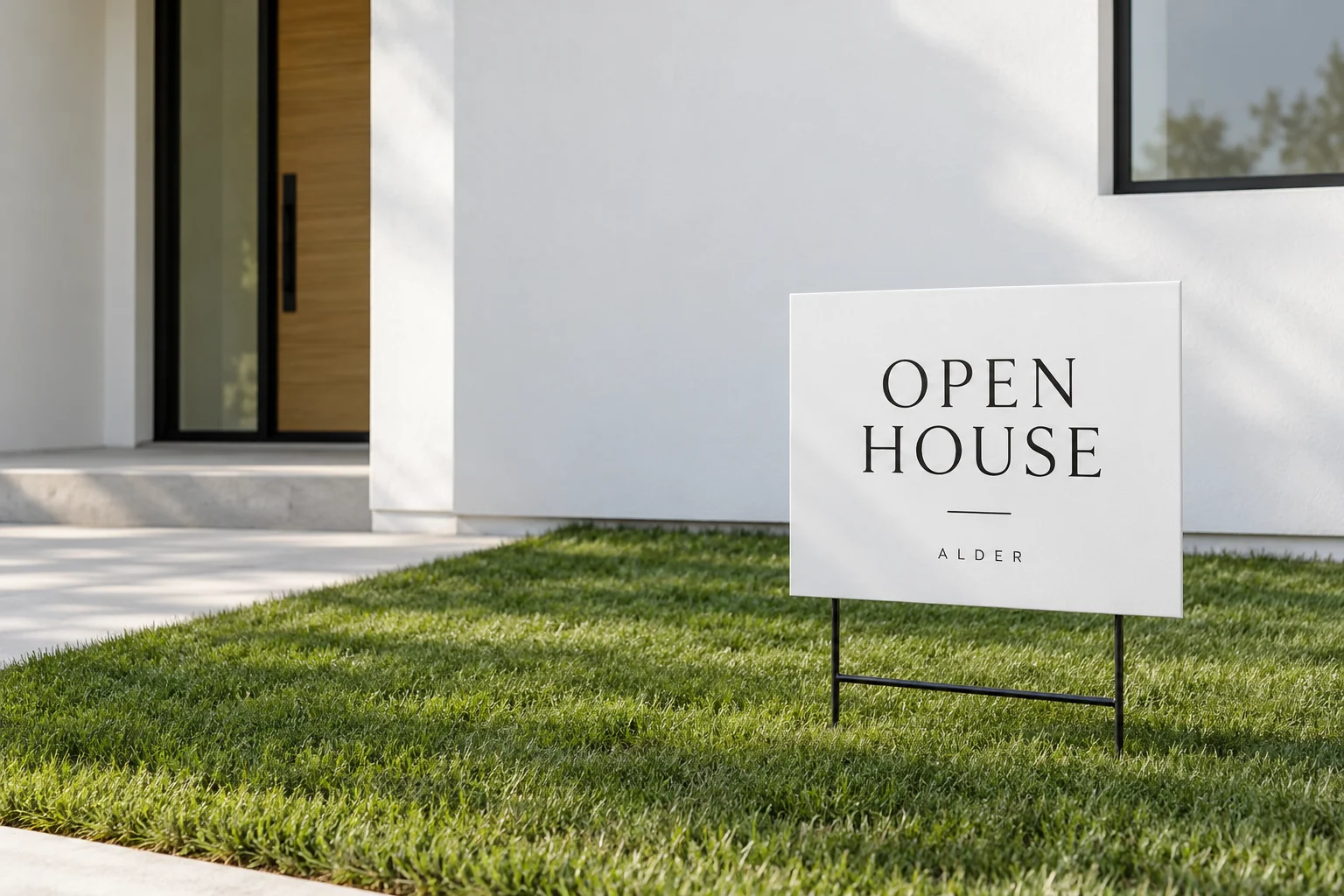 Illustrative mockup: a minimal open-house yard sign in front of a modern white home