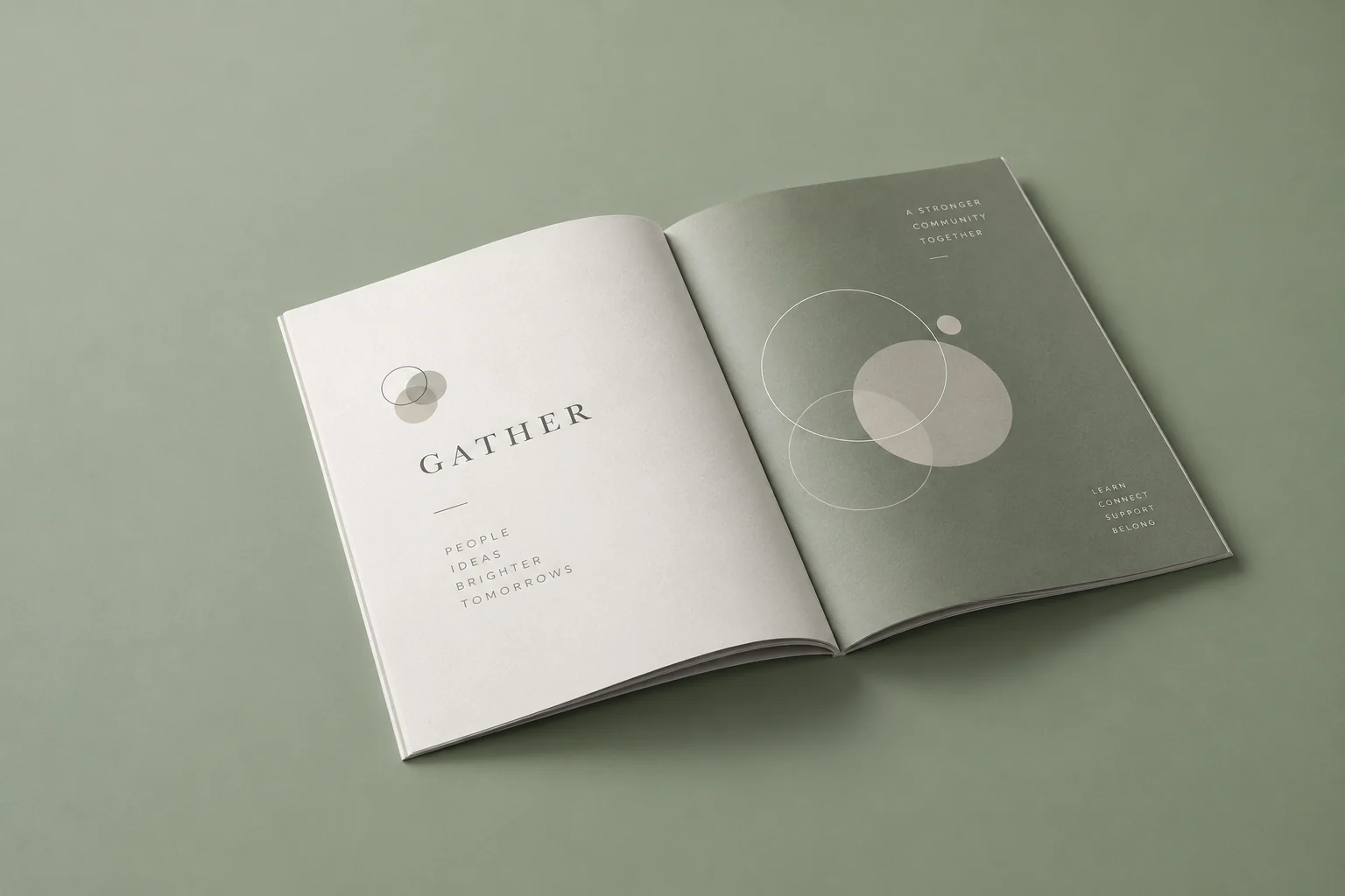 Illustrative mockup: an open community program booklet on a calm sage-green surface