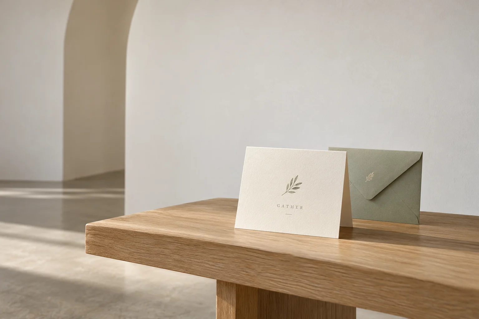 Illustrative mockup: an invitation and matching giving envelope on an otherwise empty community bench