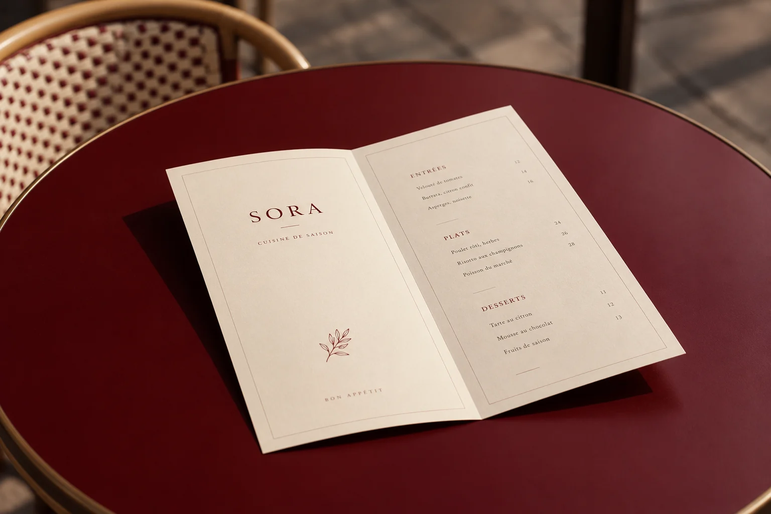 Illustrative mockup: one cream restaurant menu on a burgundy bistro table