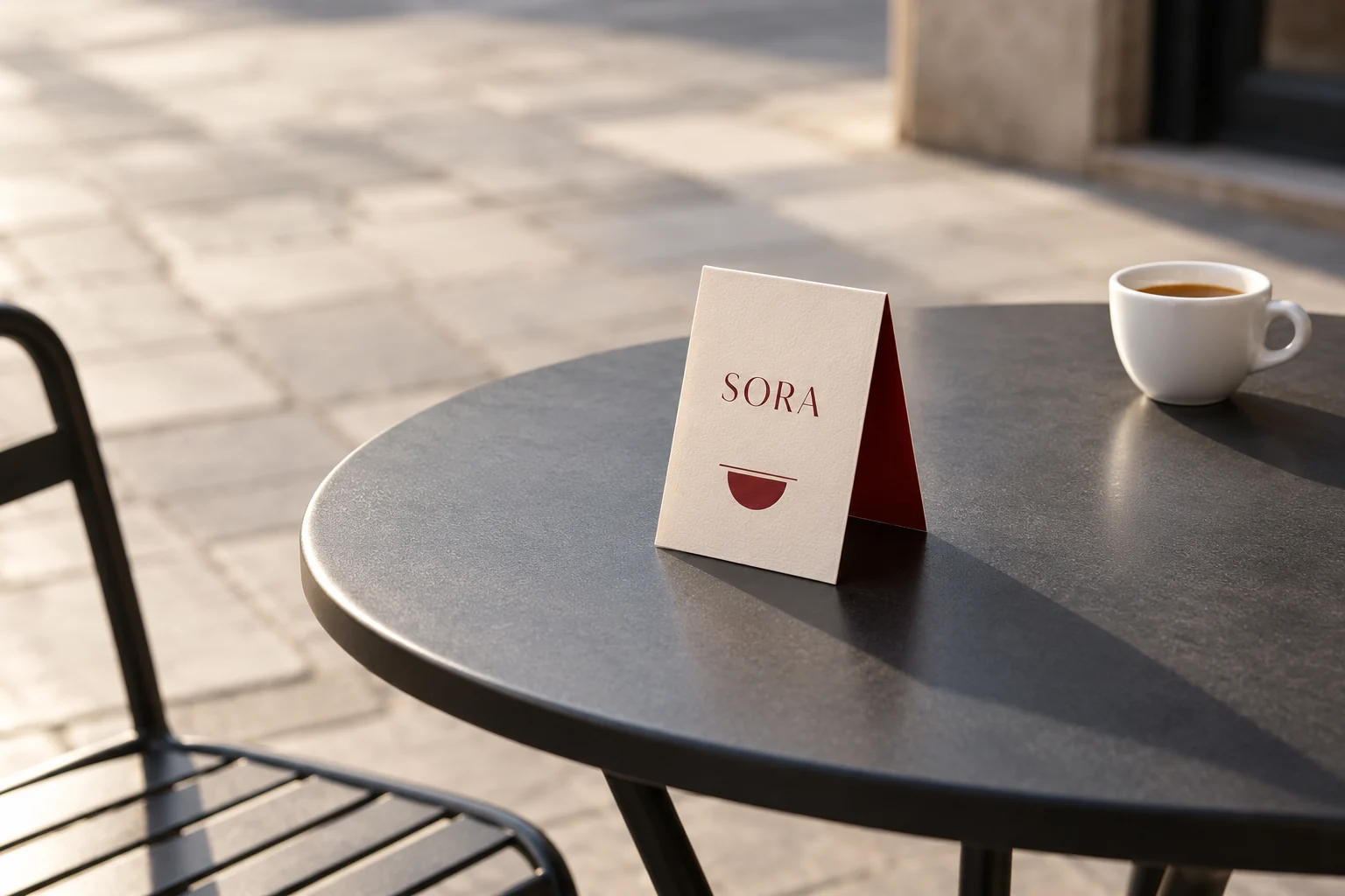 Illustrative mockup: a cream table tent and small espresso cup on a charcoal cafe table