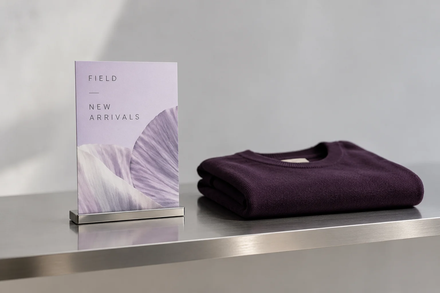 Illustrative mockup: a retail promotion postcard and folded garment on a chrome display shelf