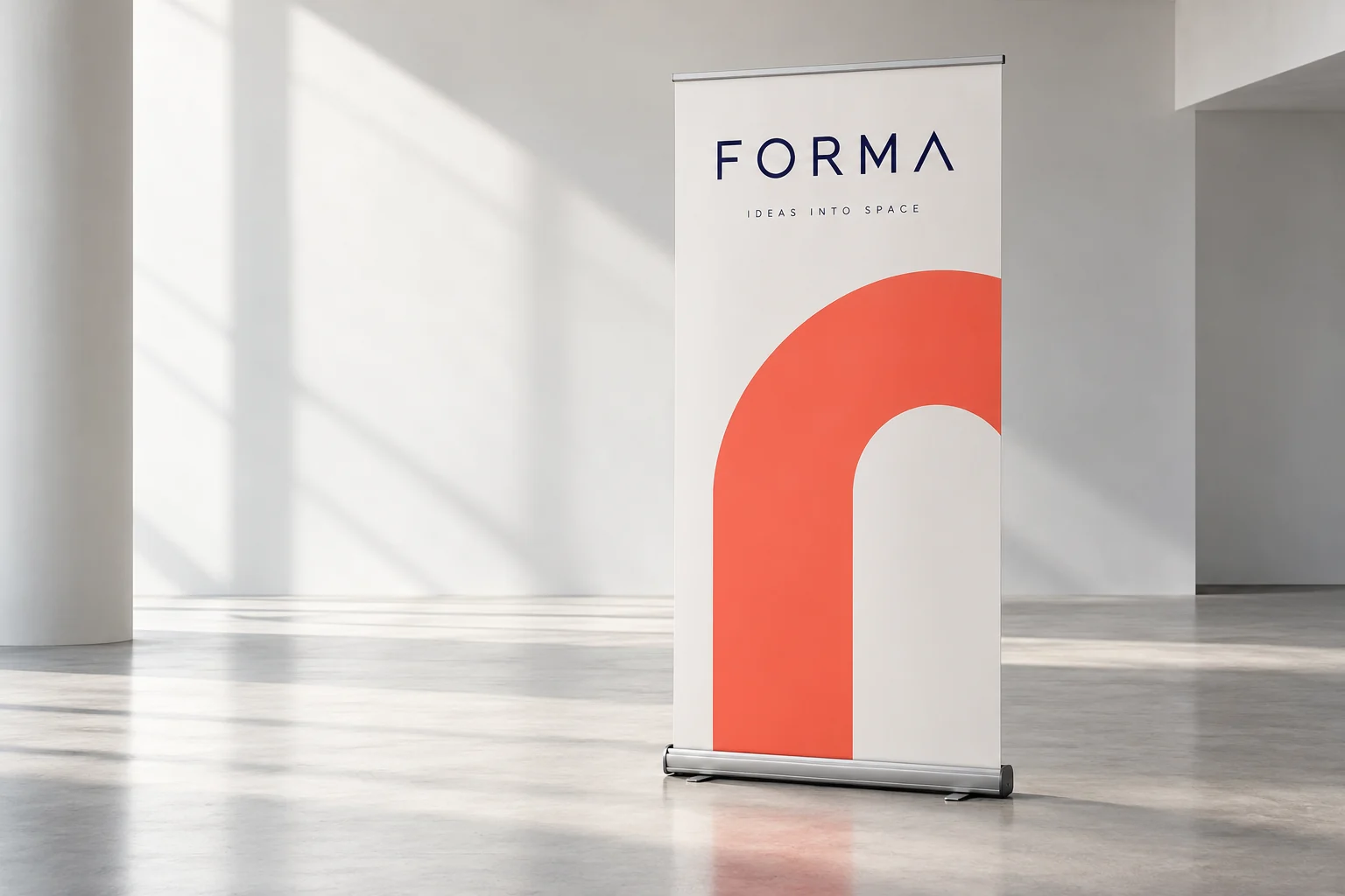 Illustrative mockup: a single indigo and coral retractable banner in a clean exhibition space