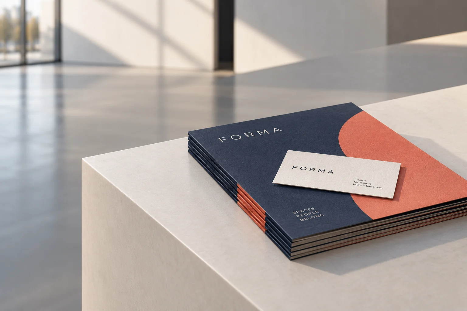 Illustrative mockup: an orderly brochure stack and one business card on a pale event counter