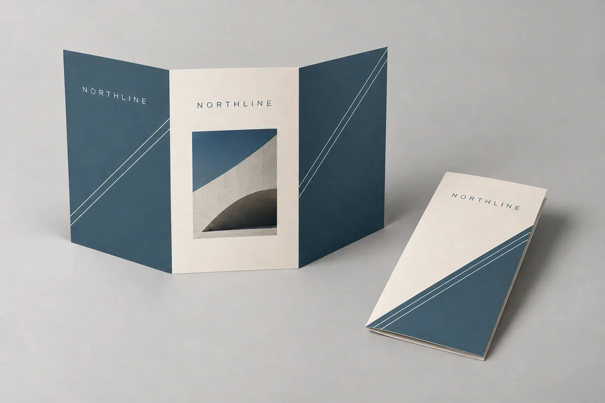 Northline brochures photographed on a soft neutral studio background
