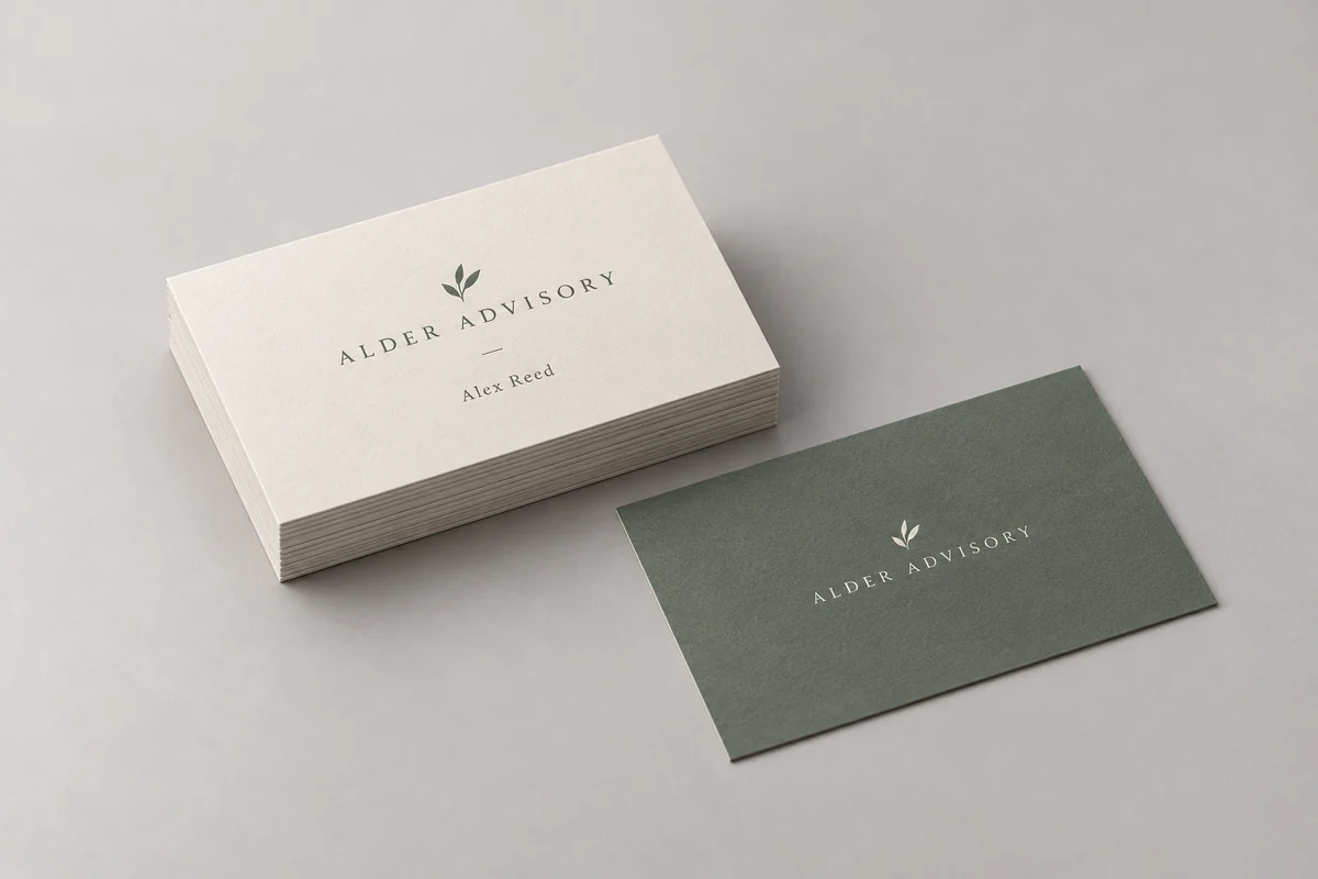 Alder business cards photographed on a soft neutral studio background