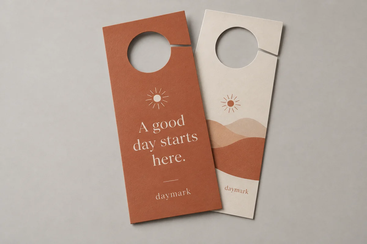 Daymark door hangers photographed on a soft neutral studio background