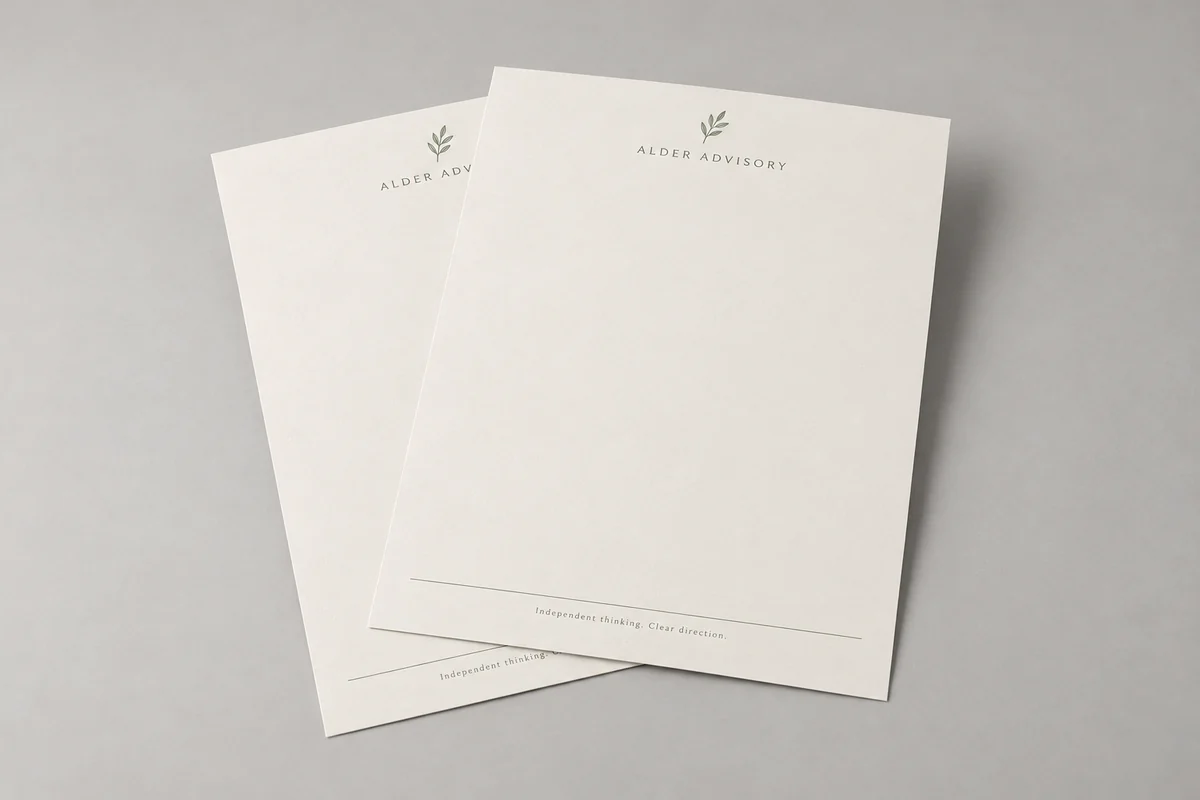Alder letterheads photographed on a soft neutral studio background