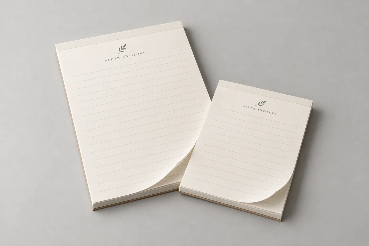 Alder notepads photographed on a soft neutral studio background