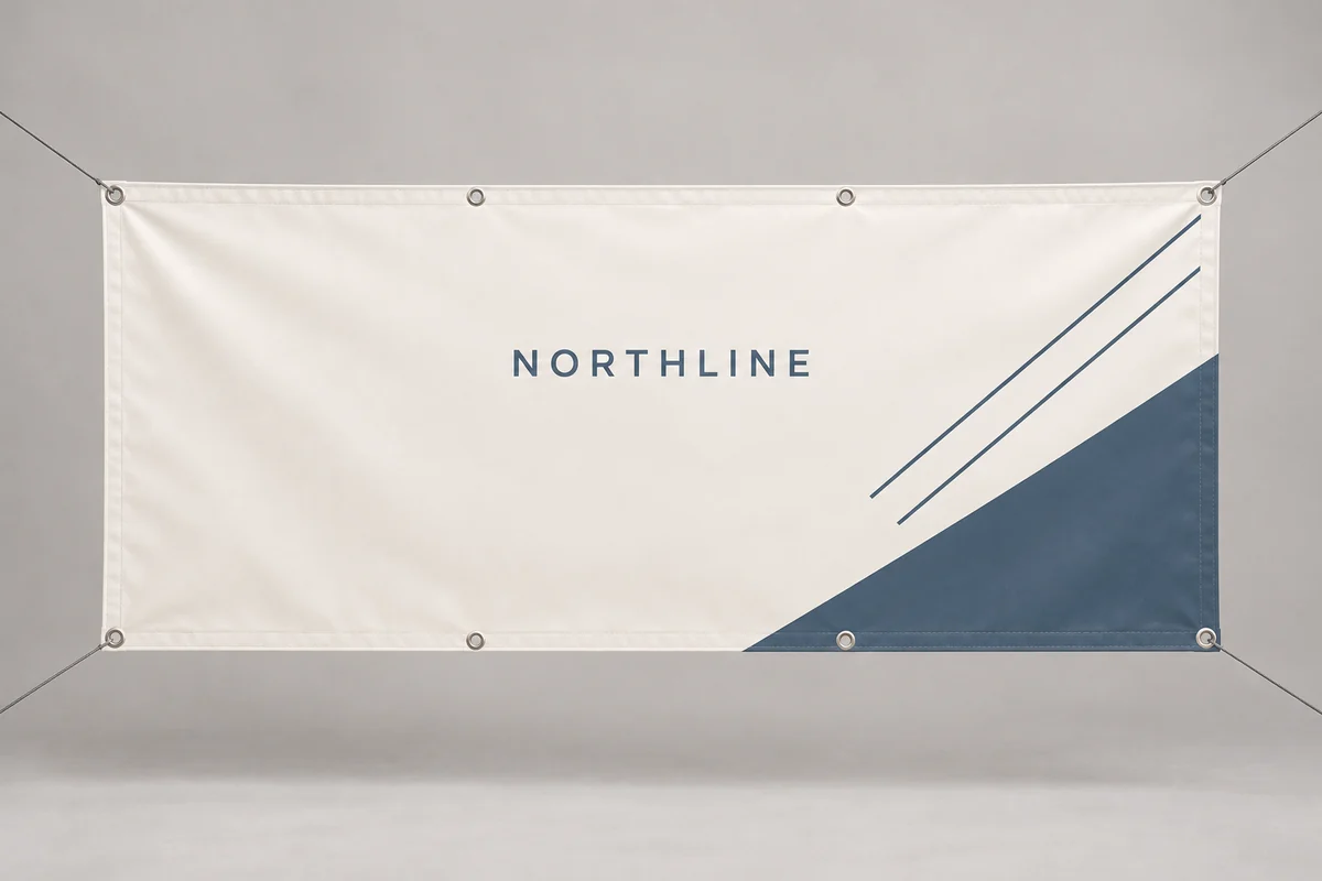 Northline outdoor banners photographed on a soft neutral studio background