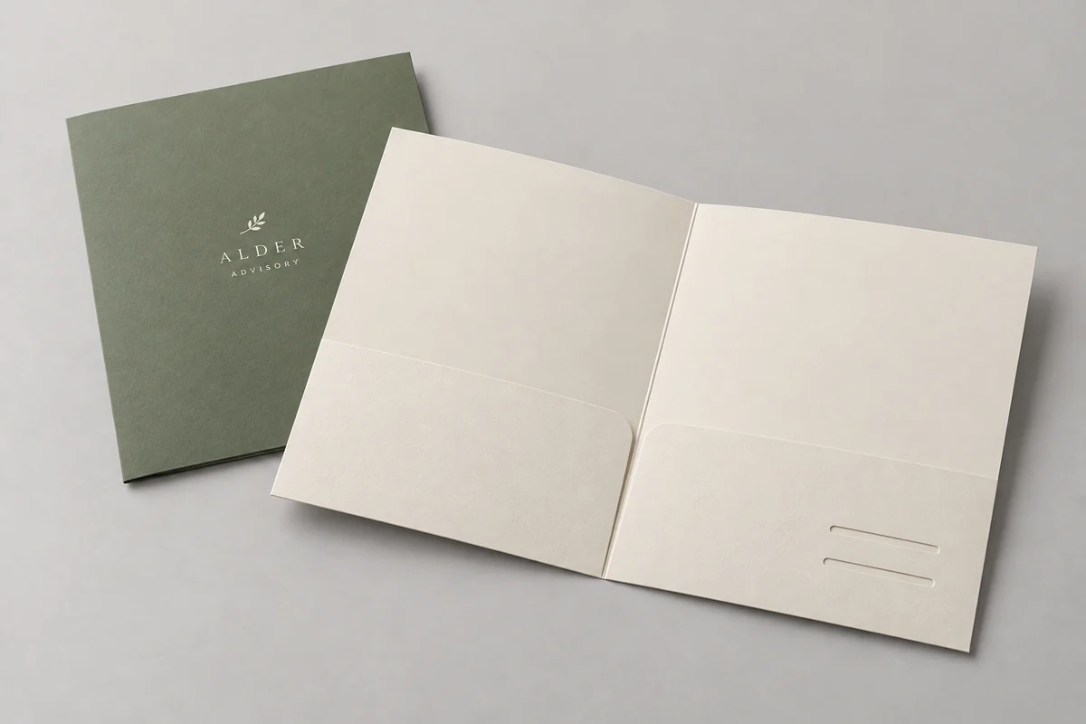 Alder presentation folders photographed on a soft neutral studio background