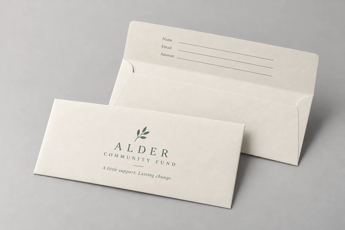 Alder remittance envelopes photographed on a soft neutral studio background