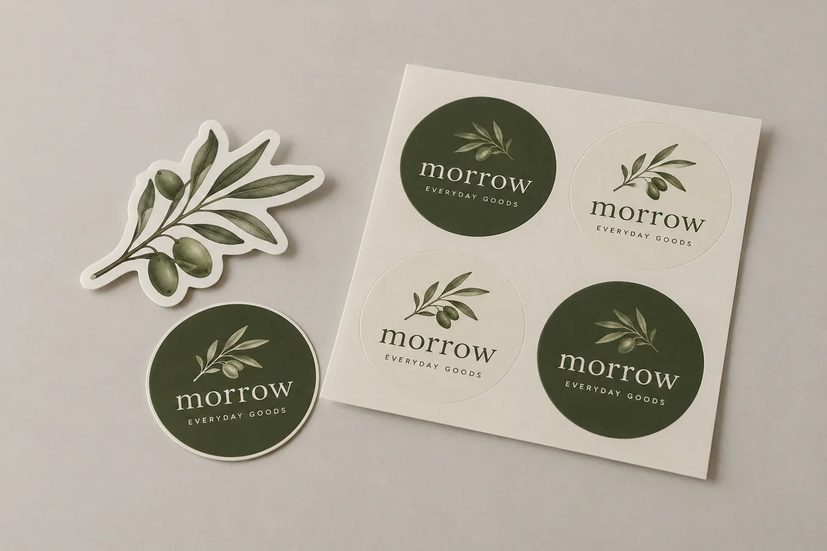 Morrow stickers photographed on a soft neutral studio background