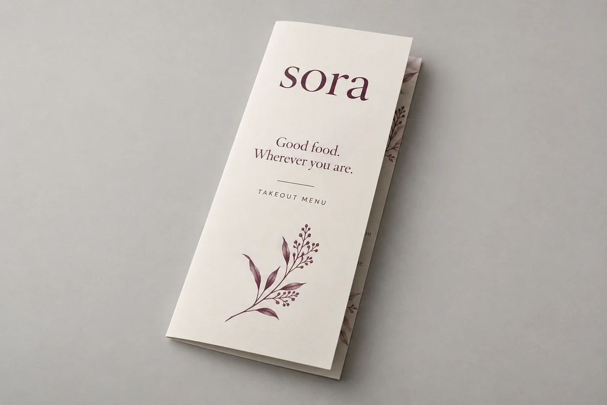 Sora takeout menus photographed on a soft neutral studio background