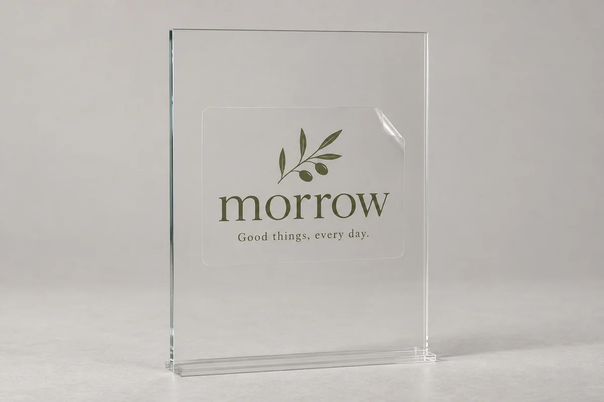 Morrow window clings photographed on a soft neutral studio background
