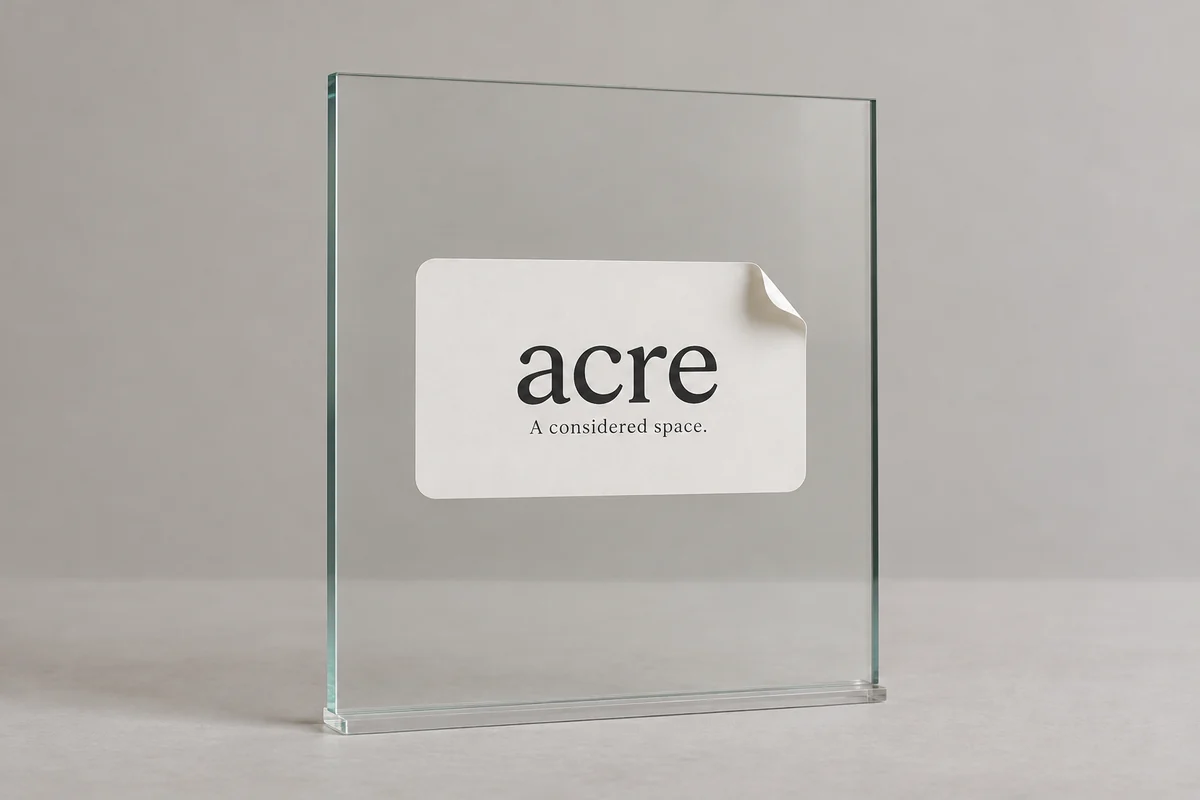 Acre window decals photographed on a soft neutral studio background