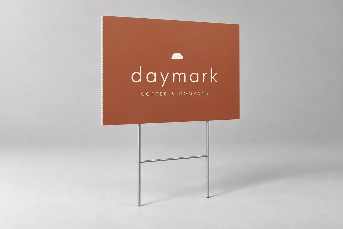 Daymark yard signs photographed on a soft neutral studio background