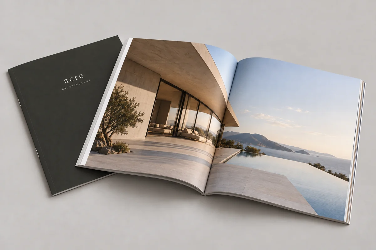 Acre booklets & catalogs photographed on a soft neutral studio background