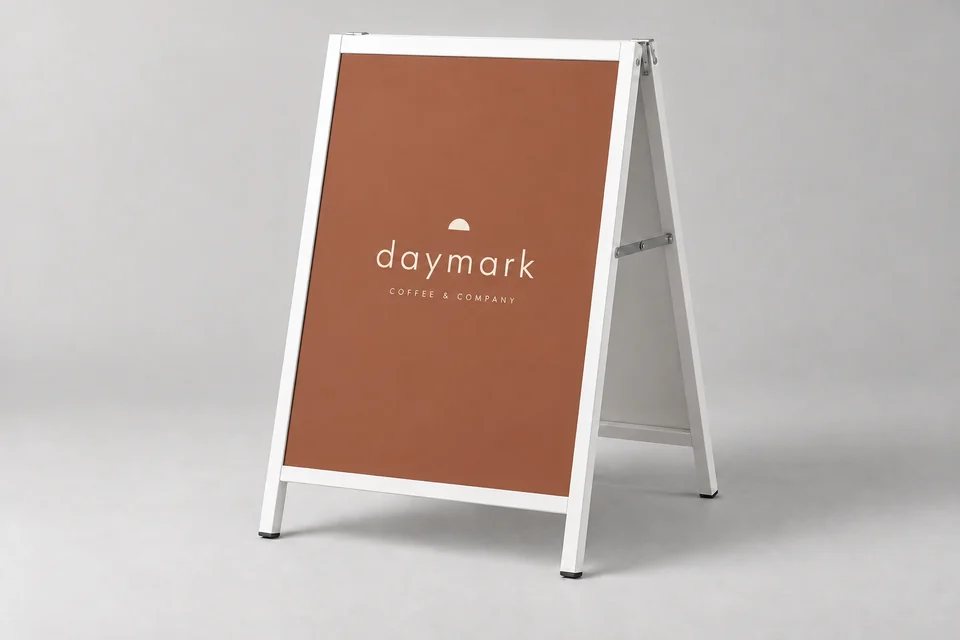 Daymark A-frame sign photographed on a neutral studio backdrop