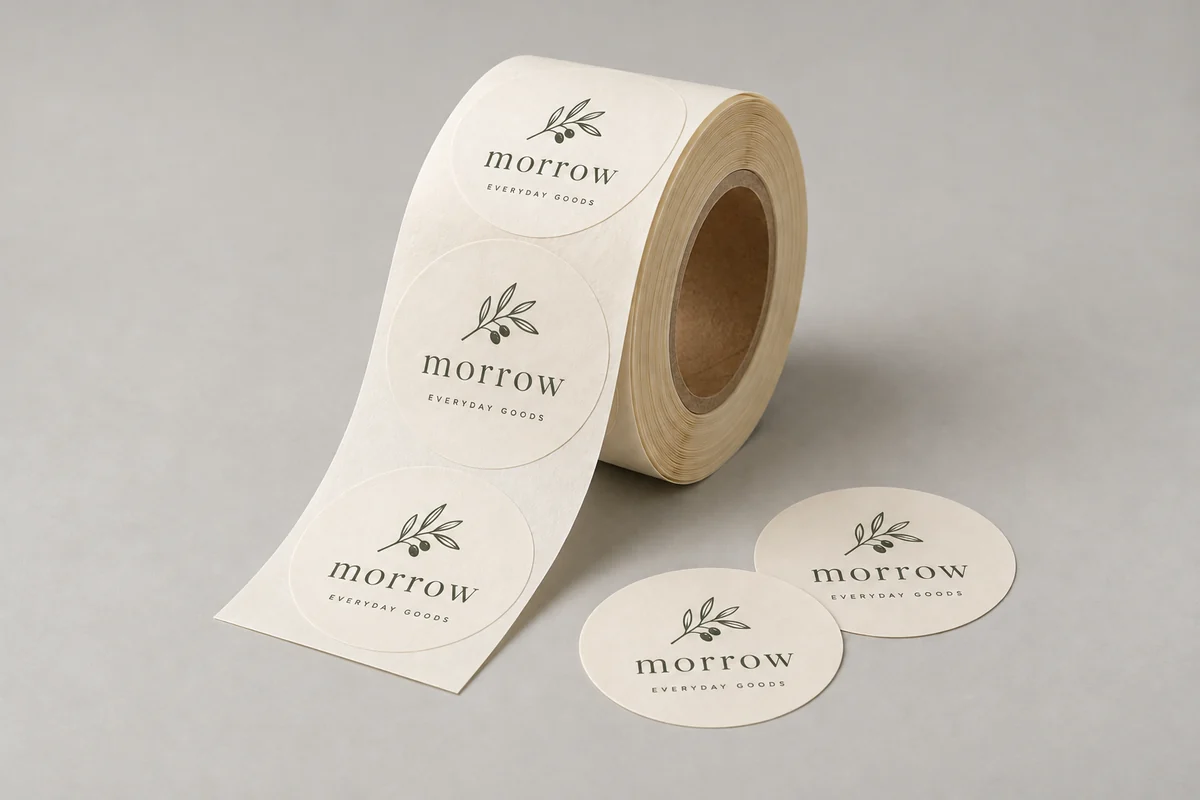 Morrow roll labels photographed on a soft neutral studio background
