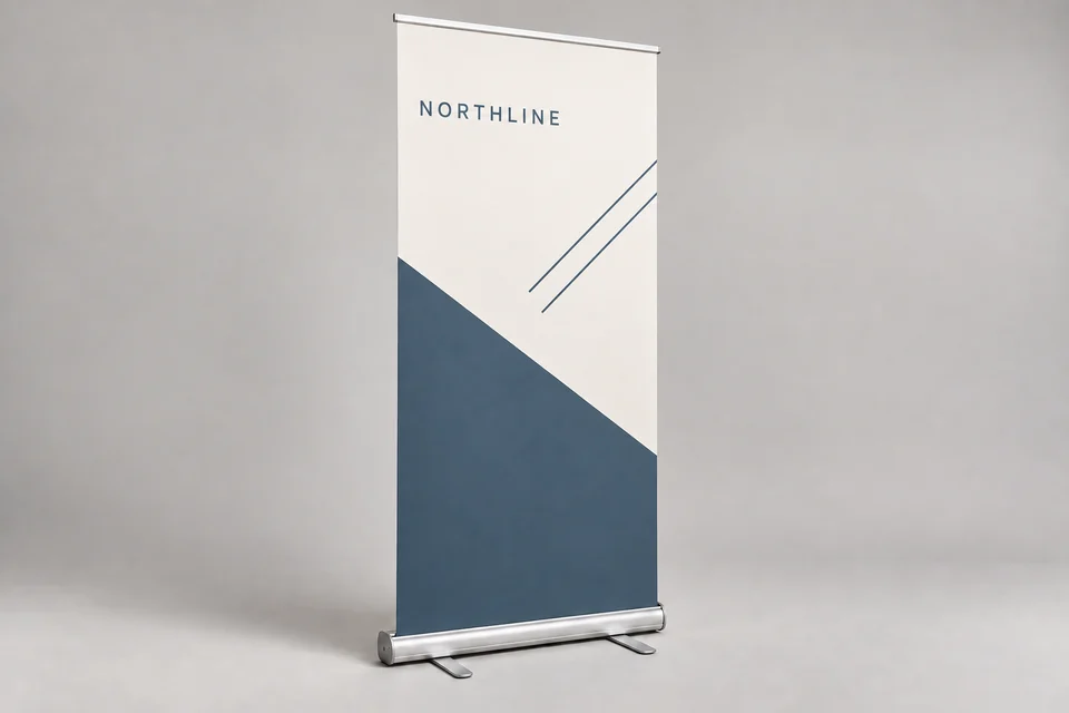 Northline retractable banner with aluminum stand on a neutral studio backdrop