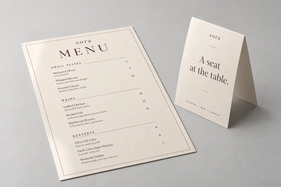 Sora laminated menu and table tent in a clean studio product shot
