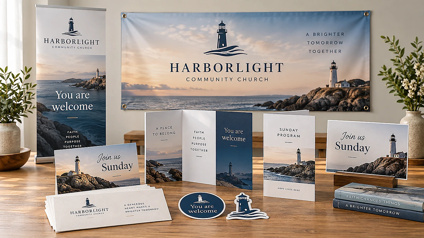 Example church invitations, banners, brochures, and remittance envelopes